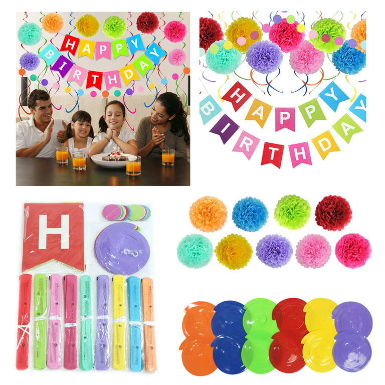 LNKOO Happy Birthday Party Decorations - Happy Birthday and Circle Dots  Banner Colorful Birthday Balloons Paper Flowers Honeycomb Balls Swirl