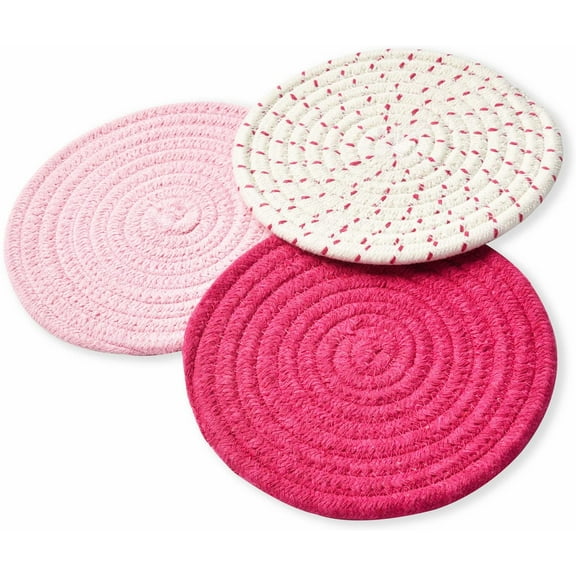 LNKOO Kitchen Potholders Set Trivets Set 100% Pure Cotton Thread Weave Hot Pot Holders Set (Set of 3) Stylish Coasters,Hot Pads,Hot Mats,Spoon Rest For Cooking and Baking by Diameter 7 Inches (Pink)