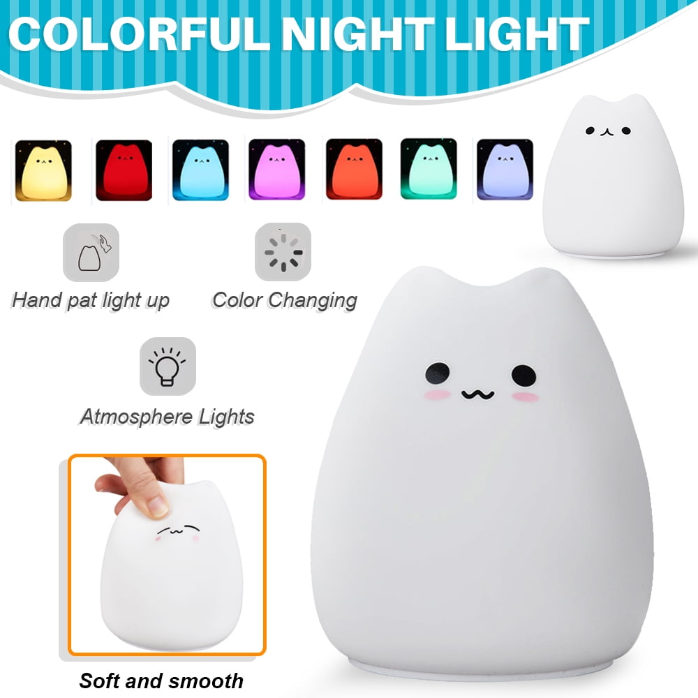 LNKOO LED Cat Night Light, Battery Powered Silicone Cute Cat Nursery ...