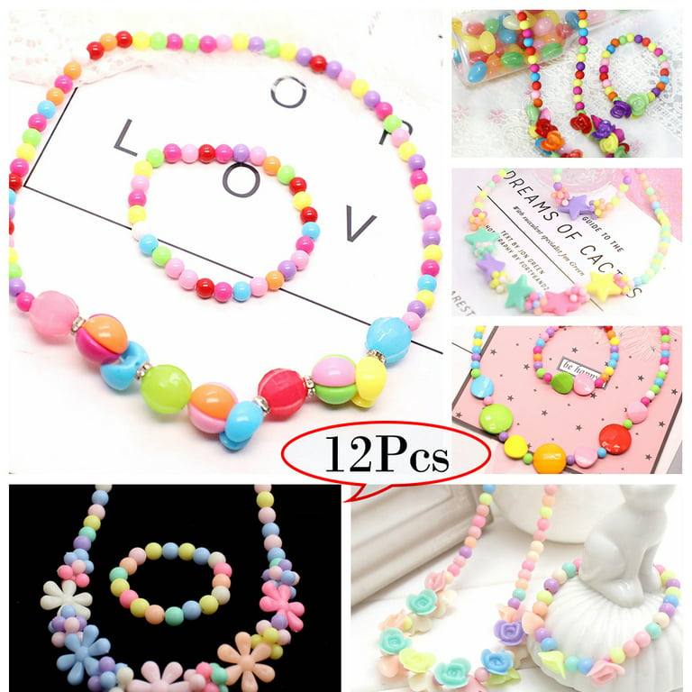 Lnkoo Little Girls Necklace Bracelet, 3 Sets Kids Lovely Beaded Necklace and Bracelet Colorful Beads Jewelry Princess Dress Up for Toddlers Kids Gift