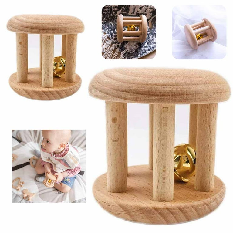 LNKOO Montessori Toys Wooden Teether Toys Wooden Rattle with Bell Rattles Nursing Shower Gifts Waldorf Toys for Fine Motor Learning