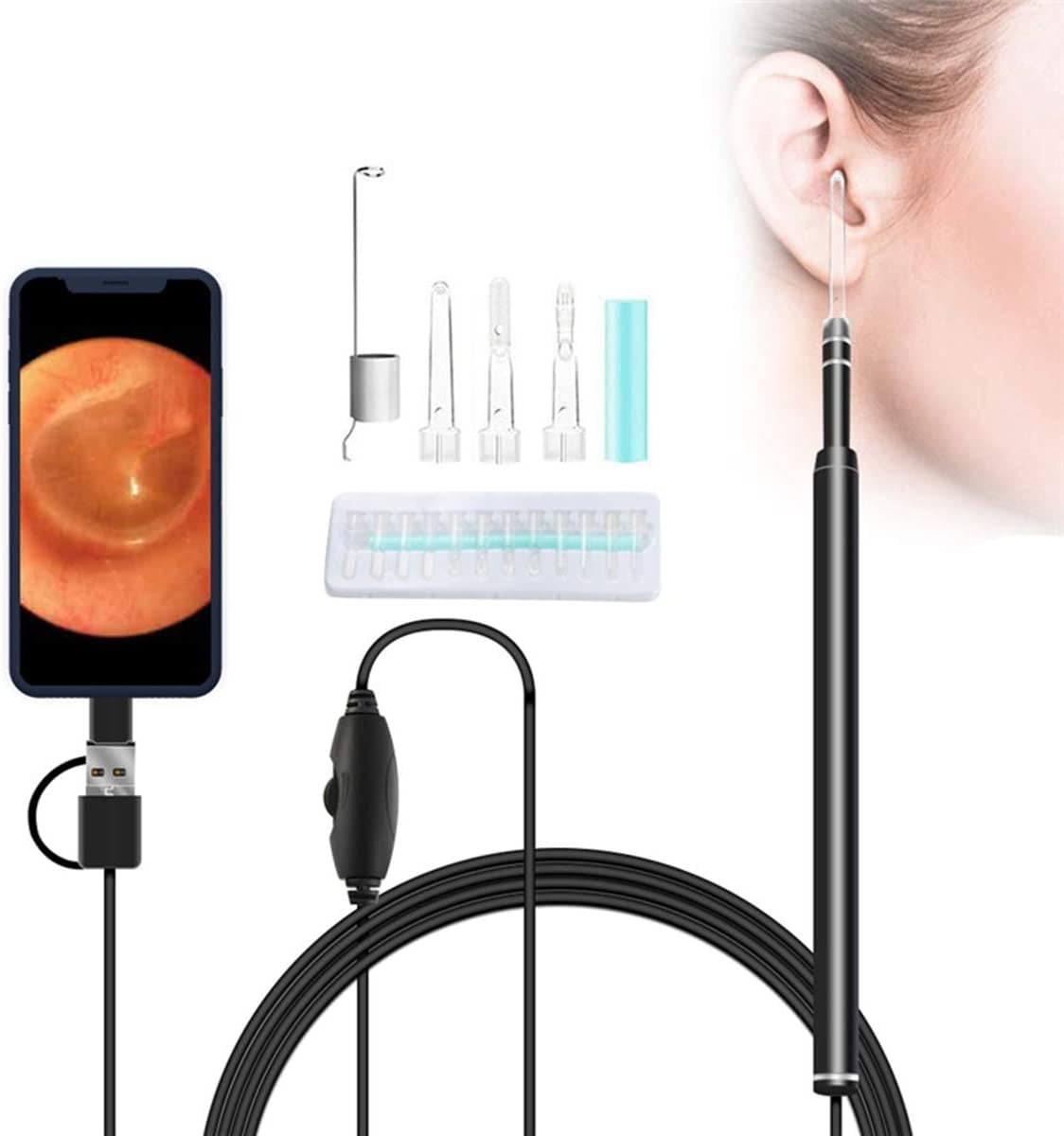LNKOO Otoscope,Ear Endoscope,Ear Wax Removal Tool,3 in 1 Ear Scope,720P HD Waterproof Camera with 6 Adjustable LED Lights for Android Phone (OTG+Micro USB+Type C) Window Mac PC with Ear Pick Cleaning