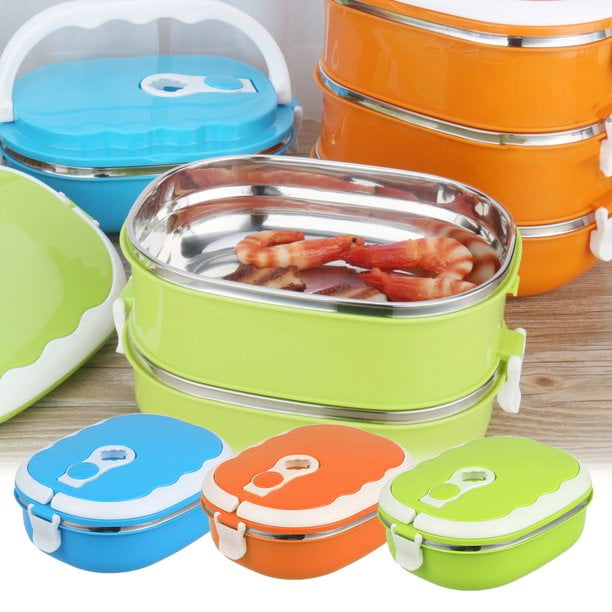 Lnkoo 2 Layer Food Warmer School Lunch Box, Portable Bento Thermal Insulated Food Container Stainless Steel Insulated Square Lunch Box for Children