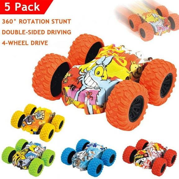 LNKOO Pull Back Toy Car,Friction Inertia Rotation Stunt Graffiti 4-Wheel Double Side Drive Toy Car For 3 4 5 6 7 8 Toddler Infant Kids Boys Girls Gift (5 Pack)