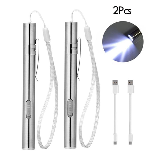 LNKOO Rechargeable Mini Flashlight, 2Pcs Stainless Steel High Lumen Mini LED Tactical Penlight Flashlight with Battery and Cable for Camping Outdoor Work Repair