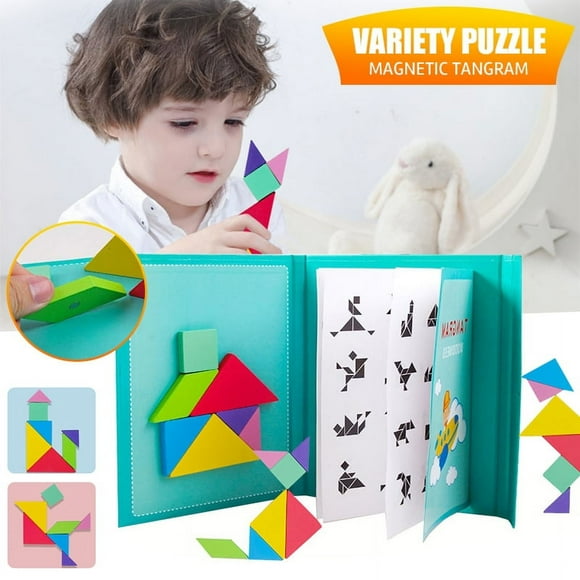 LNKOO Travel Tangram Puzzle - Magnetic Pattern Block Book Road Trip Game Jigsaw Shapes Dissection STEM Games with Solution for Kid Adult Challenge - IQ Educational Toy Gift Brain Teasers