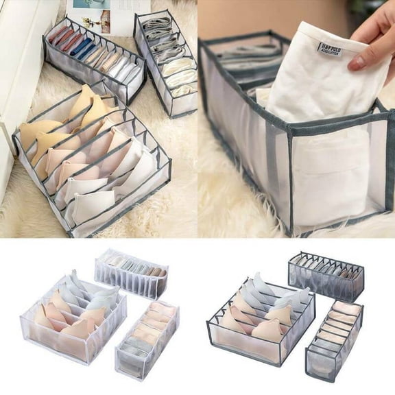 LNKOO Underwear Organizer, Foldable Closet Storage Boxes Drawer Organizer for Underware,Bra,Socks, Optional 6+7+11 Cell or 3 Set ((White-3 Piece set)