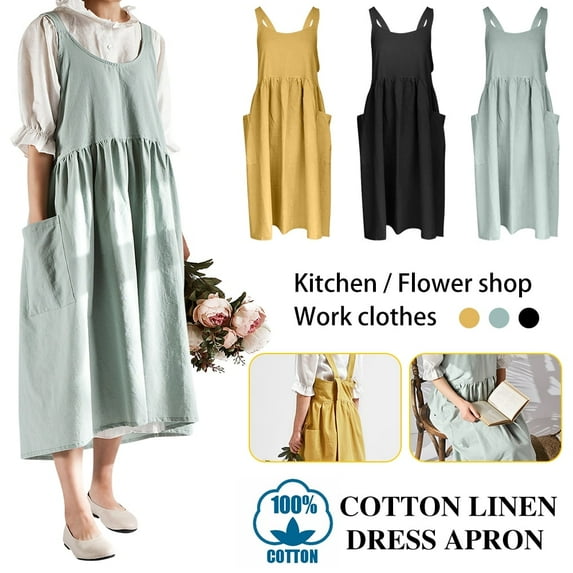 LNKOO Women Girls Vintage Cute Apron Gardening Works Cross Back Cotton/Linen Blend Aprons Pinafore Dress with Two Pockets for Cooking,Baking,Crafting,Flower Arrangement