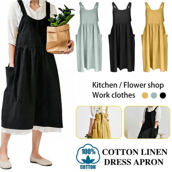LNKOO Women Girls Vintage Cute Apron Gardening Works Cross Back Cotton/Linen Blend Aprons Pinafore Dress with Two Pockets for Cooking,Baking,Crafting,Flower Arrangement