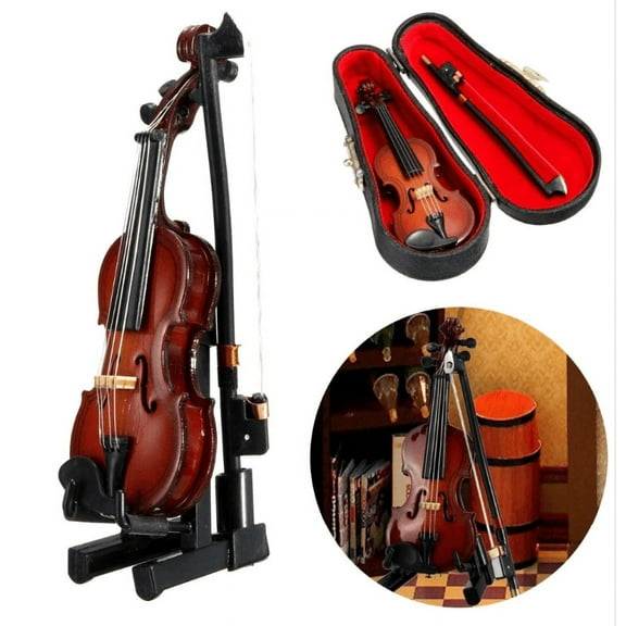 LNKOO Wood Miniature Cello with Stand, Bow and Case, Mini Wooden Musical Instrument Dollhouse Replica Ornament Holiday Accessories Gifts (7cm)