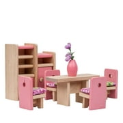 LNKOO Wooden Wonders Eat-in Dining Room Set | Pink Dollhouse Furniture for Doll Family | Traditional Vibrant Accessories for Pretend Play | Perfect for Play Houses