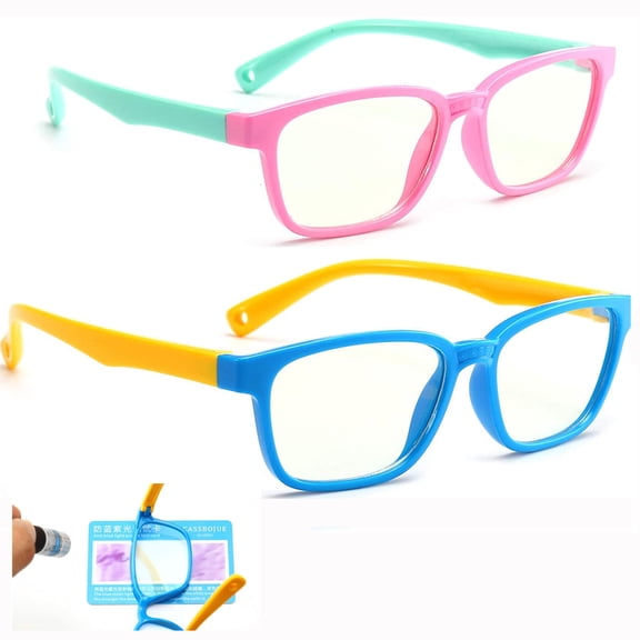 LNKOO nti Blue Light Glasses for Kids Computer Glasses,Silicone Goggles Soft Frame UV Protection Anti Glare Eyeglasses Computer Glasses Video Gaming Glasses (2 pks Pink-Green+Blue-Yellow)