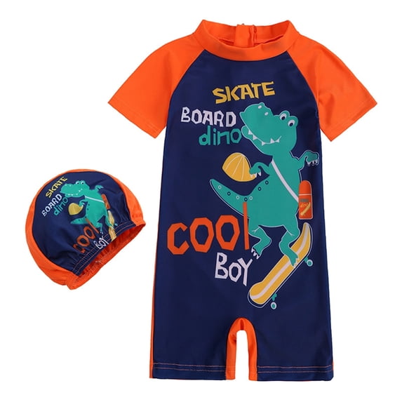 LNMQLPDBS 2 Piece Baby Boys Short Sleeve One Piece Zipper Swimsuit Dinosaur Cartoon Letters Printed Toddler Boy Rash Guard Bathing Suit Swimwear with Sun Hat Summer Beach Play Swimsuit Navy 1 Years