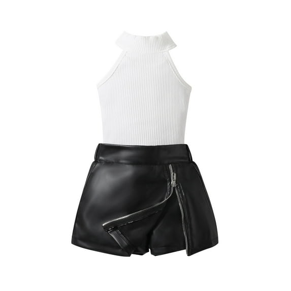 LNMQLPDBS 2pcs Short Sets for Girls Solid Color Ribbed Vertical Stripes Y2k Top + Pu Black Leather Skirt Europe and The United States Girls' Summer Trendy Clothing Sets White 4-5 Years