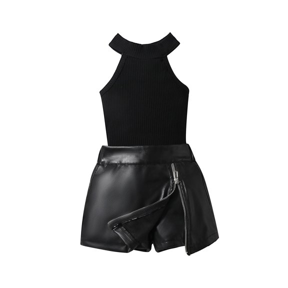LNMQLPDBS 2pcs Short Sets for Girls Solid Color Ribbed Vertical Stripes Y2k Top + Pu Black Leather Skirt Europe and The United States Girls' Summer Trendy Clothing Sets Black 5-6 Years