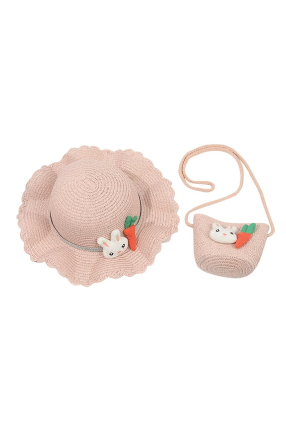 2pcs Summer Hat Bag Set Bunny Doll Straw Sun Hat & Rabbit Shoulder Bag for Kids Activities Outdor Easter Hats for Girls Summer-Outdoor Sunshade Hat Beach Hat for Holiday