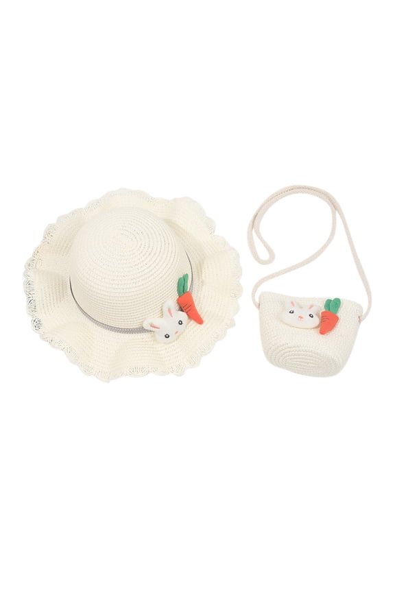 2pcs Summer Hat Bag Set Bunny Doll Straw Sun Hat & Rabbit Shoulder Bag for Kids Activities Outdor Easter Hats for Girls Summer-Outdoor Sunshade Hat Beach Hat for Holiday