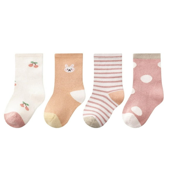 LNMQLPDBS 4 Pack Toddler Crew Socks Striped Color Block Polka Dot Cartoon Sport Socks for Toddler Girls Non-Slip Breathable Grips Baby Socks 0-6 Months Summer Socks Floor Socks Pink 1-3 Years
