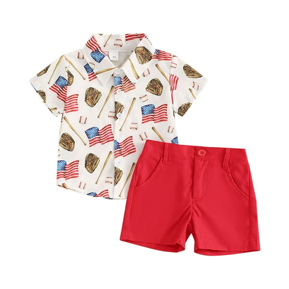 LNMQLPDBS Baby Boy Clothes Stylish Summer 2pcs Outfits American Flag and Baseball Printed Button Down Shirt with Shorts Sets for Independence Day Toddler Boys' Clothing Sets White 3 Years