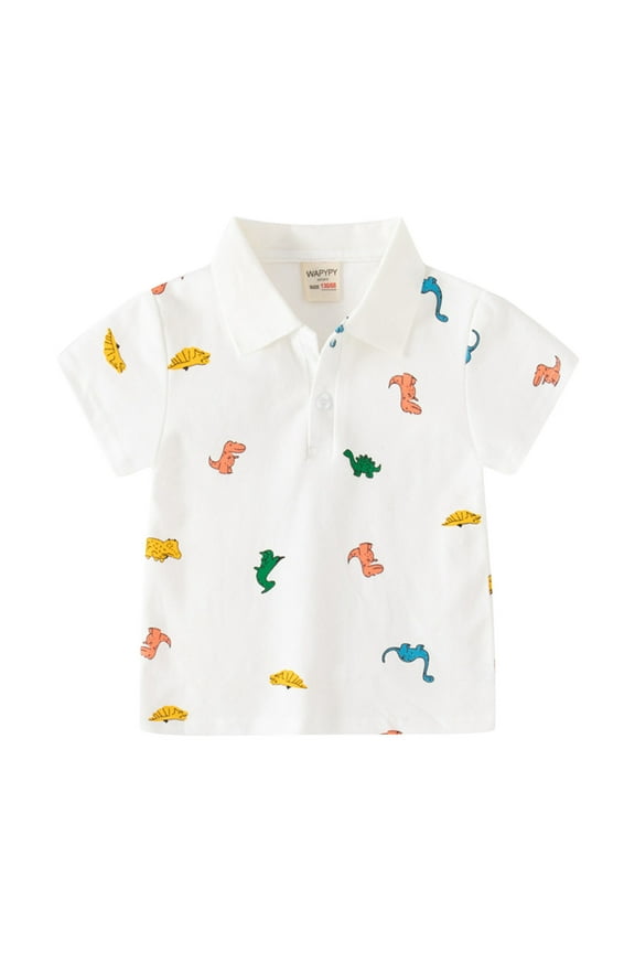 Baby Boy Clothes Summer Dinosaur Graphic Printed Toddler Button Down Polo Shirt Short Sleeve Crewneck Lapel Shirts 12-18 Month Boy Clothes for First Day of School White 12-18 Months