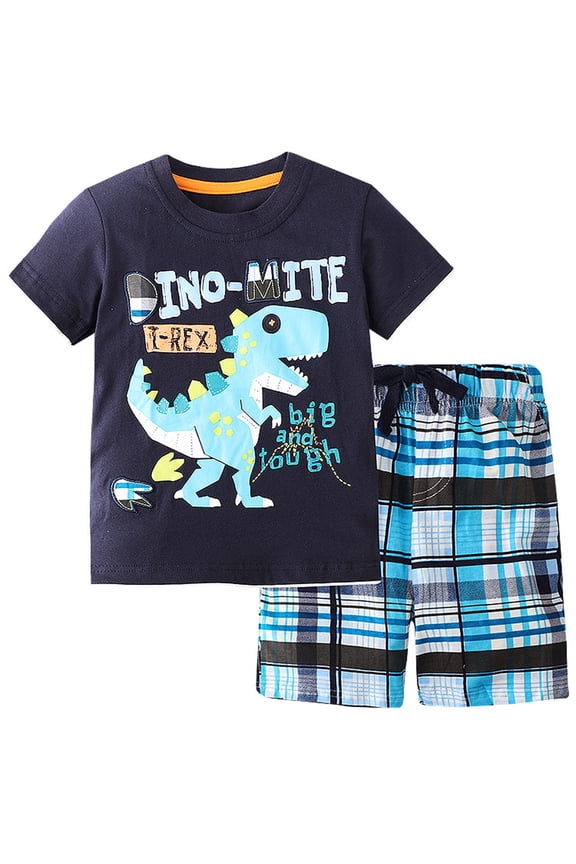 Baby Boy Sets Cartoon Dinosaur Letters Printed Crewneck Short Sleeve T Shirt & Plaid Elastic Waist Shorts 2pcs Outfits 18-24 Month Boy Clothes Summer Sport Suits for Outdoor