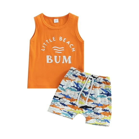 LNMQLPDBS Baby Boy Sets Sleeveless Letters Printed Tank Top & Cartoon Shorts 2pcs Outfits Casual Vest Suit Baby Boy Summer Clothes Unisex Baby Beach Set for Outdoor Seaside Play Orange 3-6 Months