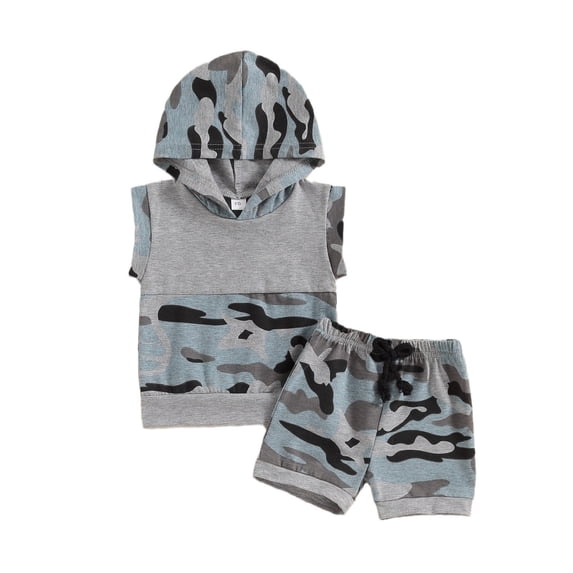 LNMQLPDBS Baby Boy Summer Clothes Camo Outfits Color Block Hooded Tank Tops and Elastic Waist Shorts Set Infant Boy 2 Piece Clothing Set