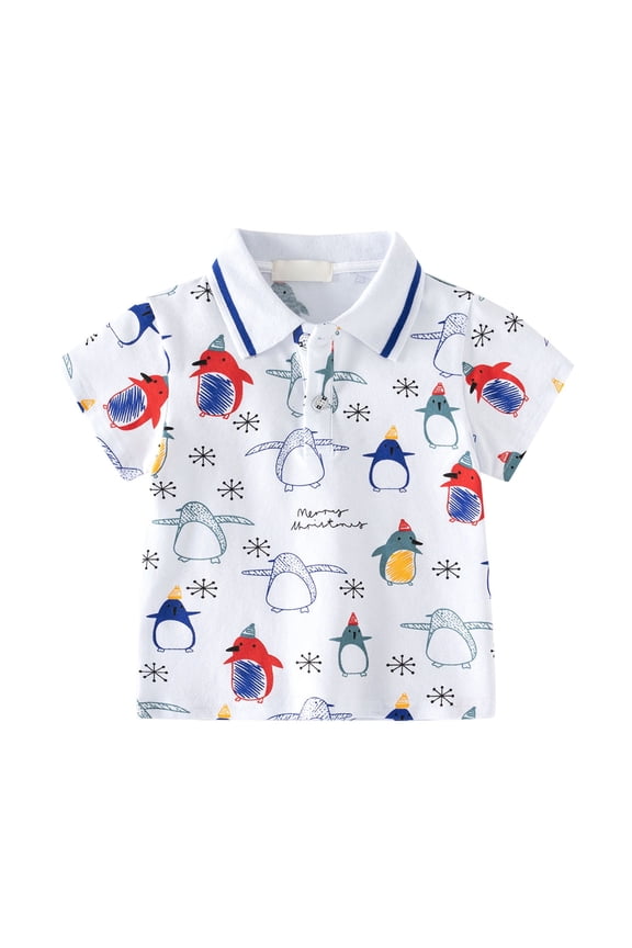 Baby Boy Summer Clothes Cute Penguin Pattern Print Short Sleeve Polo Shirts Casual Lapel Blouse with Chest Pocket Toddler Boy Clothes Vacation Tops White 2-3 Years