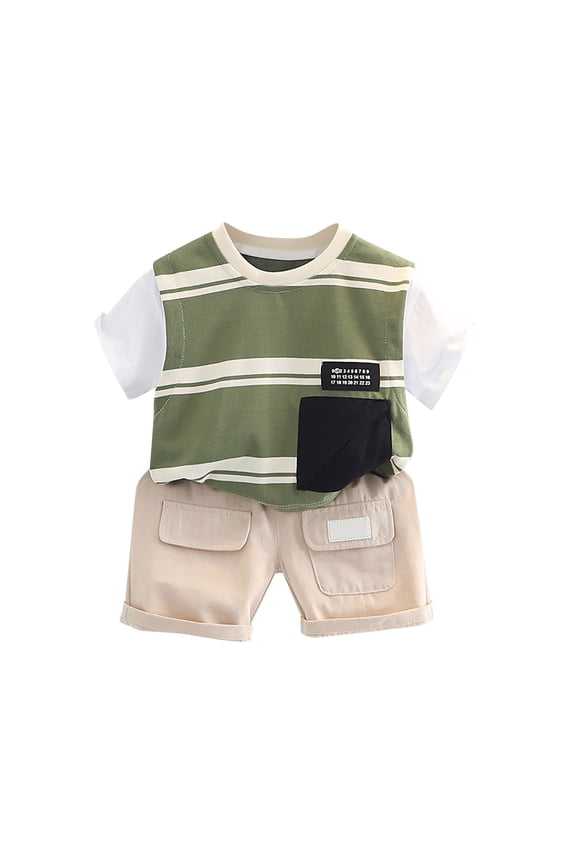 Baby Boys' Clothing Sets Striped Short Sleeve Crewneck T Shirt with Pocket + Solid Color Shorts 2pcs Outfits Toddler Boys Clothes 3 Year Old Boy Gifts Summer Casual Set for School Daily