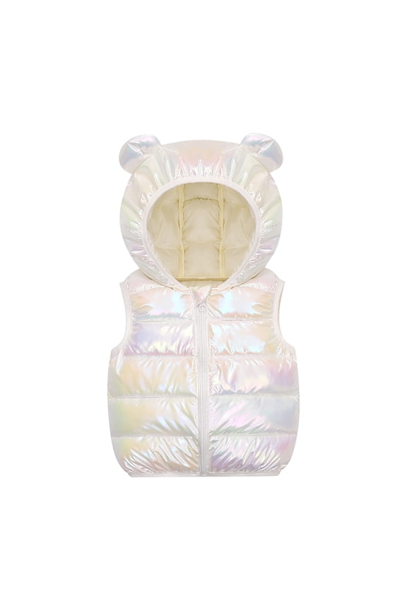 Baby Boys Puffer Vest Toddler Iridescent Bear Ear Gilet Kids Warm Quilted Sleeveless Jacket Newborn Cute Hooded Top Infant Casual Winter School Daily Outerwear