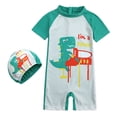 thumbnail image 1 of LNMQLPDBS Baby Boys Swimsuit 2 Piece Cute Dinosaur Cartoon Letters Printed Short Sleeve Summer Beach Rash Guard Zipper Swimwear One Piece Sunsuit with Sun Hat Baby Bathing Suit Boy Green 5 Years, 1 of 8