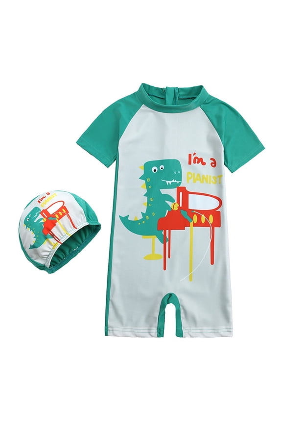 Baby Boys Swimsuit 2 Piece Cute Dinosaur Cartoon Letters Printed Short Sleeve Summer Beach Rash Guard Zipper Swimwear One Piece Sunsuit with Sun Hat Baby Bathing Suit Boy Green 7 Years