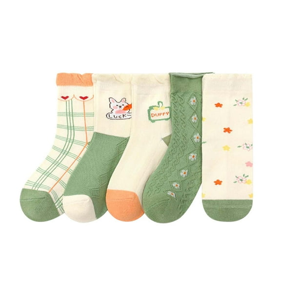 LNMQLPDBS Baby Crew Socks 5 Pairs Plaid Color Block and Cartoon Flower Non-Slip Embroided Breathable Floor Socks Baby Gifts for Boys Unisex Baby Shorty Socks for All Season Green 1-3 Years