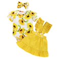 thumbnail image 1 of LNMQLPDBS Baby Girl Clothes Set 3 Pcs Ribbed Knitted Short Sleeve Ruffle Romper & Floral Print Shorts & Big Bowknot Headband Set Gift for Little Girl Newborn Infant Cute Summer Outfit Sets, 1 of 4