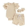 thumbnail image 1 of LNMQLPDBS Baby Girl Clothes Set 3 Pcs Ribbed Knitted Short Sleeve Ruffle Romper & Floral Print Shorts & Big Bowknot Headband Set Gift for Little Girl Newborn Infant Cute Summer Outfit Sets, 1 of 5