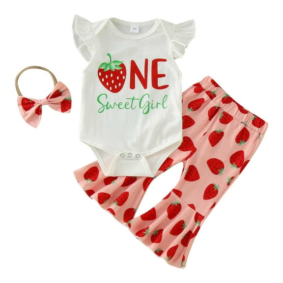 LNMQLPDBS Baby Girl Sets Girls Strawberry Letters Printed Fly Sleeve Romper Bodysuits   Bell Bottoms Pants   Bow Headbands 3pcs Outfits Cute Summer Clothes Toddler Girls' Clothing White 0-3 Months
