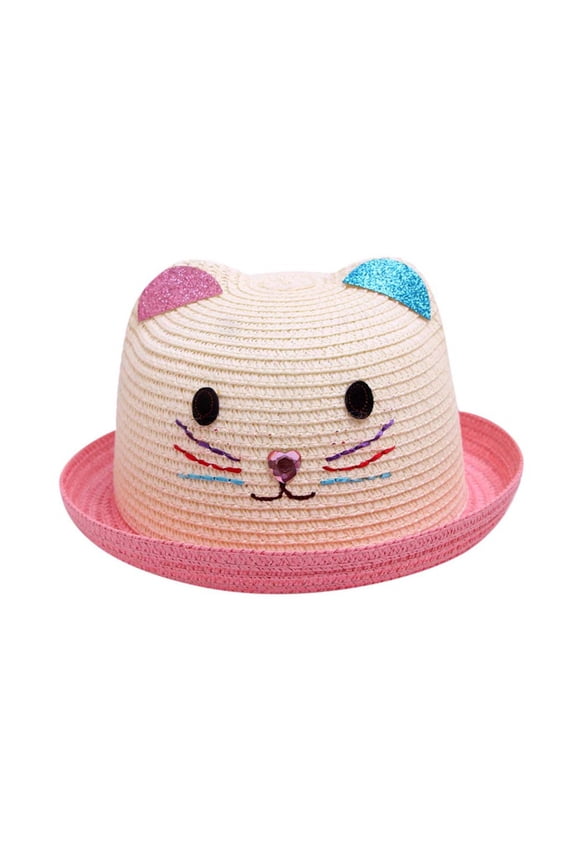 Baby Girl Straw Hat Curled Brim Pattern Sun Hat with Cute Ears Toddler Summer Beach Hats Sun Protection Trendy Hats for Kids Girls Outdoor Shade Hat for Tea Party Vacation