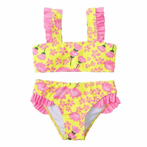 LNMQLPDBS Baby Girl Swimsuit Toddler 2 Piece Bathing Suit Floral Printed Ruffle Trim Crop Top Triangle Shorts Quick Dry Tankini Sets Summer Beach Sport Athletic Bikini Gitls Swimwear