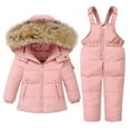 thumbnail image 1 of LNMQLPDBS Baby Girls 2 Piece Snowsuit Set Toddler Warm Winter Ski Outfit Kids Hooded Puffer Jacket Newborn Fur Trim Coat Infant Waterproof Bib Pants Snow Wear with Adjustable Straps, 1 of 9