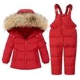 thumbnail image 1 of LNMQLPDBS Baby Girls 2 Piece Snowsuit Set Toddler Warm Winter Ski Outfit Kids Hooded Puffer Jacket Newborn Fur Trim Coat Infant Waterproof Bib Pants Snow Wear with Adjustable Straps, 1 of 9