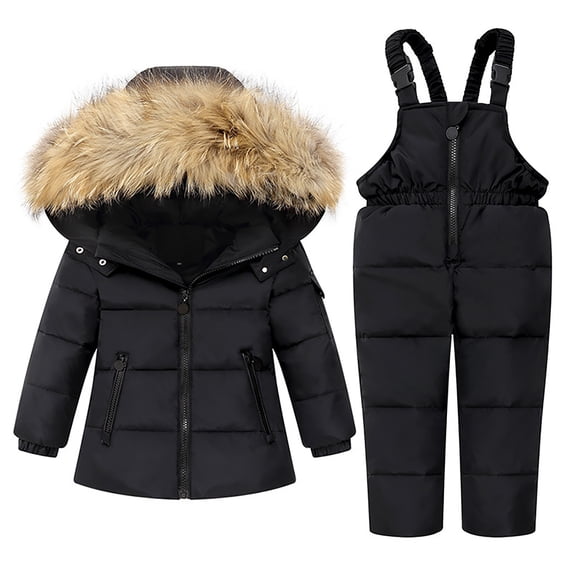 LNMQLPDBS Baby Girls 2 Piece Snowsuit Set Toddler Warm Winter Ski Outfit Kids Hooded Puffer Jacket Newborn Fur Trim Coat Infant Waterproof Bib Pants Snow Wear with Adjustable Straps