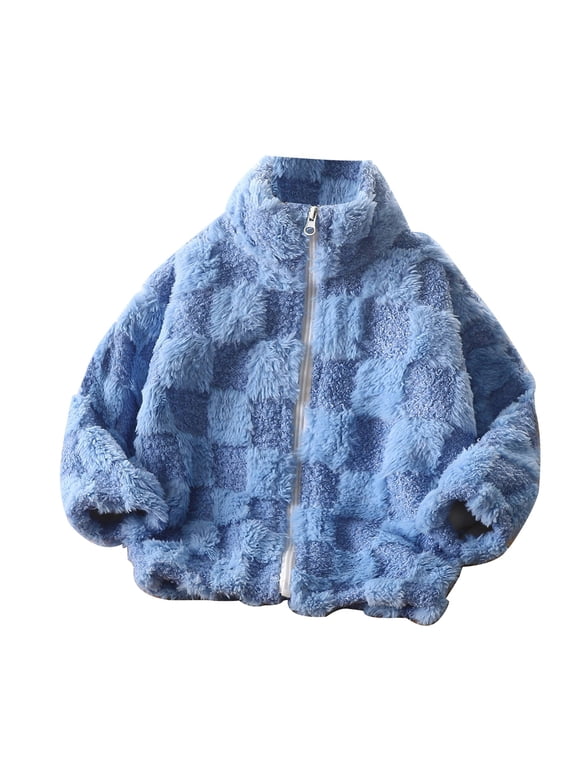 Baby Girls Checkered Fleece Jacket Toddler Warm Fluffy Zip Coat Kids Winter Plush Outerwear Girls Cute Fuzzy Sherpa Top Casual Cold Weather Daily Wear with Half Zip Collar