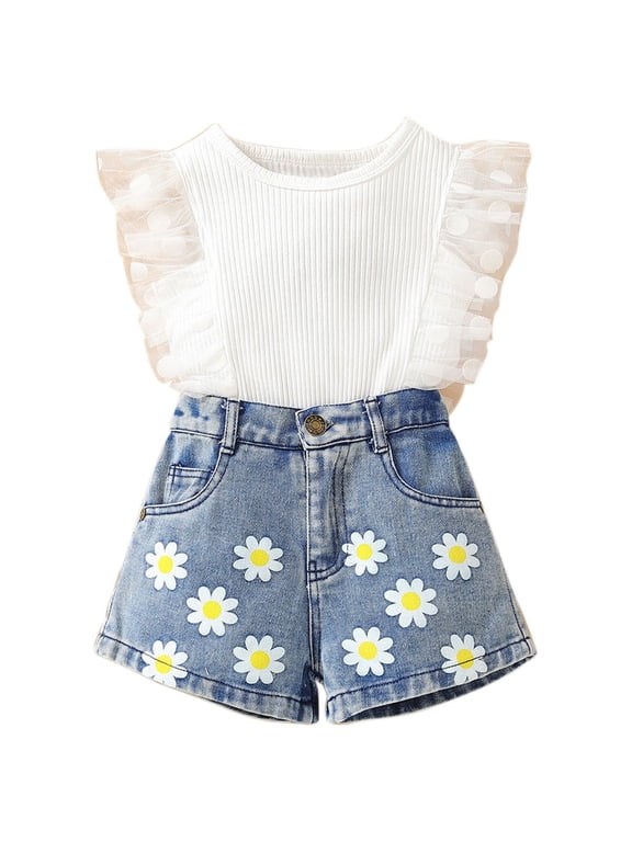 Baby Girls' Clothing Sets Lace Ruffle Trim Sleeveless Crewneck Ribbed Top + Heart Embroidered Button Closure Denim Shorts 2pcs Outfits Toddler Clothes for Girls White 5-6 Years