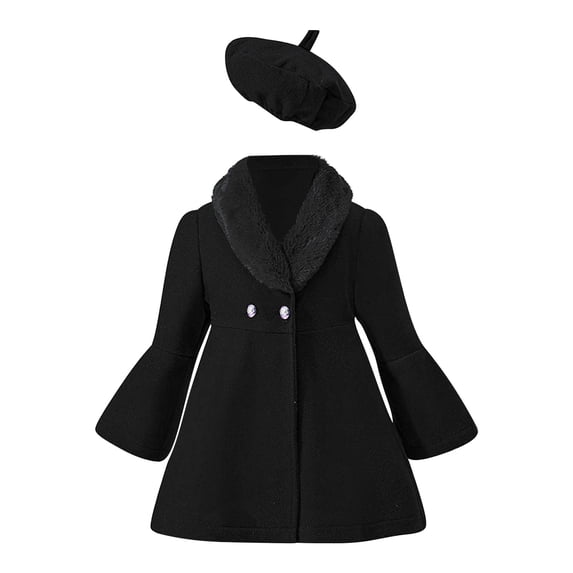 LNMQLPDBS Baby Girls Winter Coat with Hat Set Toddler Faux Fur Collar Jacket Kids Flare Sleeve Outerwear Infant A Line Overcoat with Warm Beret Outfit Girls Cold Weather Daily Wea