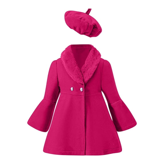 LNMQLPDBS Baby Girls Winter Coat with Hat Set Toddler Faux Fur Collar Jacket Kids Flare Sleeve Outerwear Infant A Line Overcoat with Warm Beret Outfit Girls Cold Weather Daily Wea