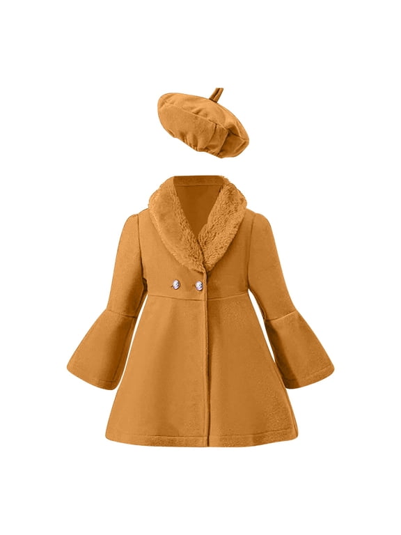 Baby Girls Winter Coat with Hat Set Toddler Faux Fur Collar Jacket Kids Flare Sleeve Outerwear Infant A Line Overcoat with Warm Beret Outfit Girls Cold Weather Daily Wea