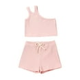 thumbnail image 1 of LNMQLPDBS Baby Sets for Girls Solid Color Pullover Sleeveless Ribbed One Shoulder Crop Top & Shorts 2pcs Outfifts Casual Sports Running Dance Set Toddler Girl Gifts 12 Month Girl Clothes, 1 of 3