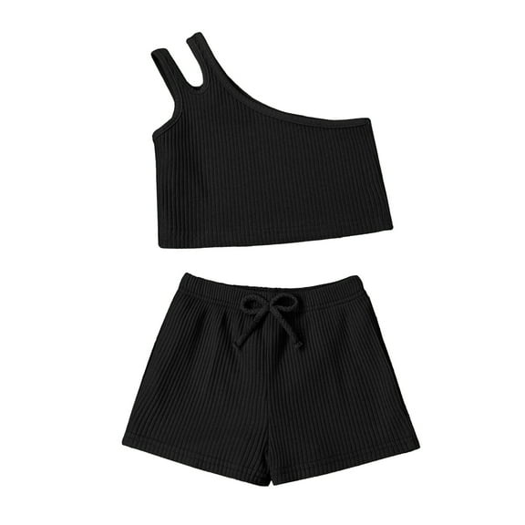 LNMQLPDBS Baby Sets for Girls Solid Color Pullover Sleeveless Ribbed One Shoulder Crop Top & Shorts 2pcs Outfifts Casual Sports Running Dance Set Toddler Girl Gifts 12 Month Girl Clothes
