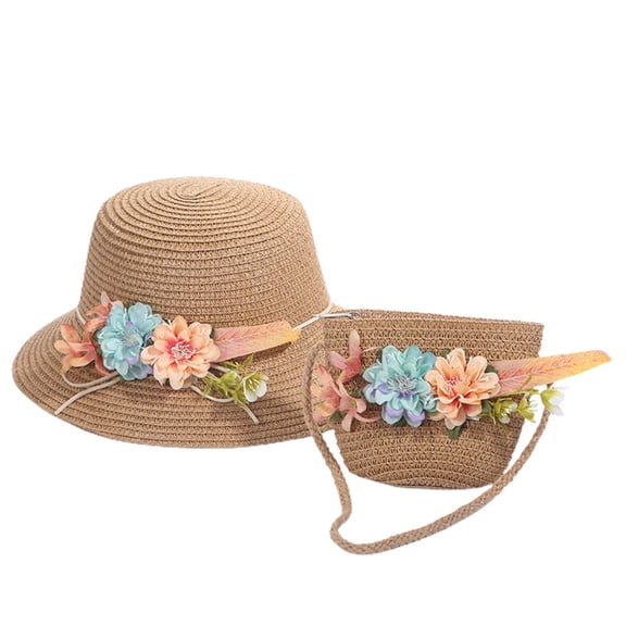 LNMQLPDBS Baby Sun Hat Sets Girls Wide-Brim Straw Sun-Hat for Summer Beach with Flower Kids Tourism Sun Hat with Shoulder Bag Gift for Girl Sun Protection Hat for All Season