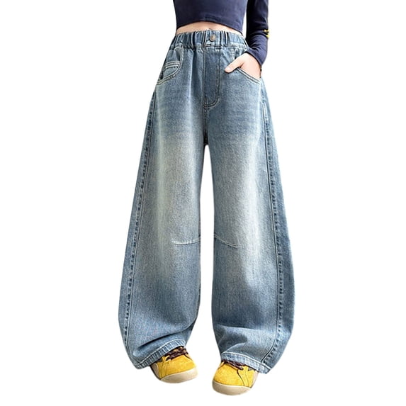 LNMQLPDBS Baggy Ripped Jeans for Teen Girls Wide Leg/Flare Jean Ripped Denim Pants Tween Preppy Clothes Elastic Waist Streetwear Y2K Trousers